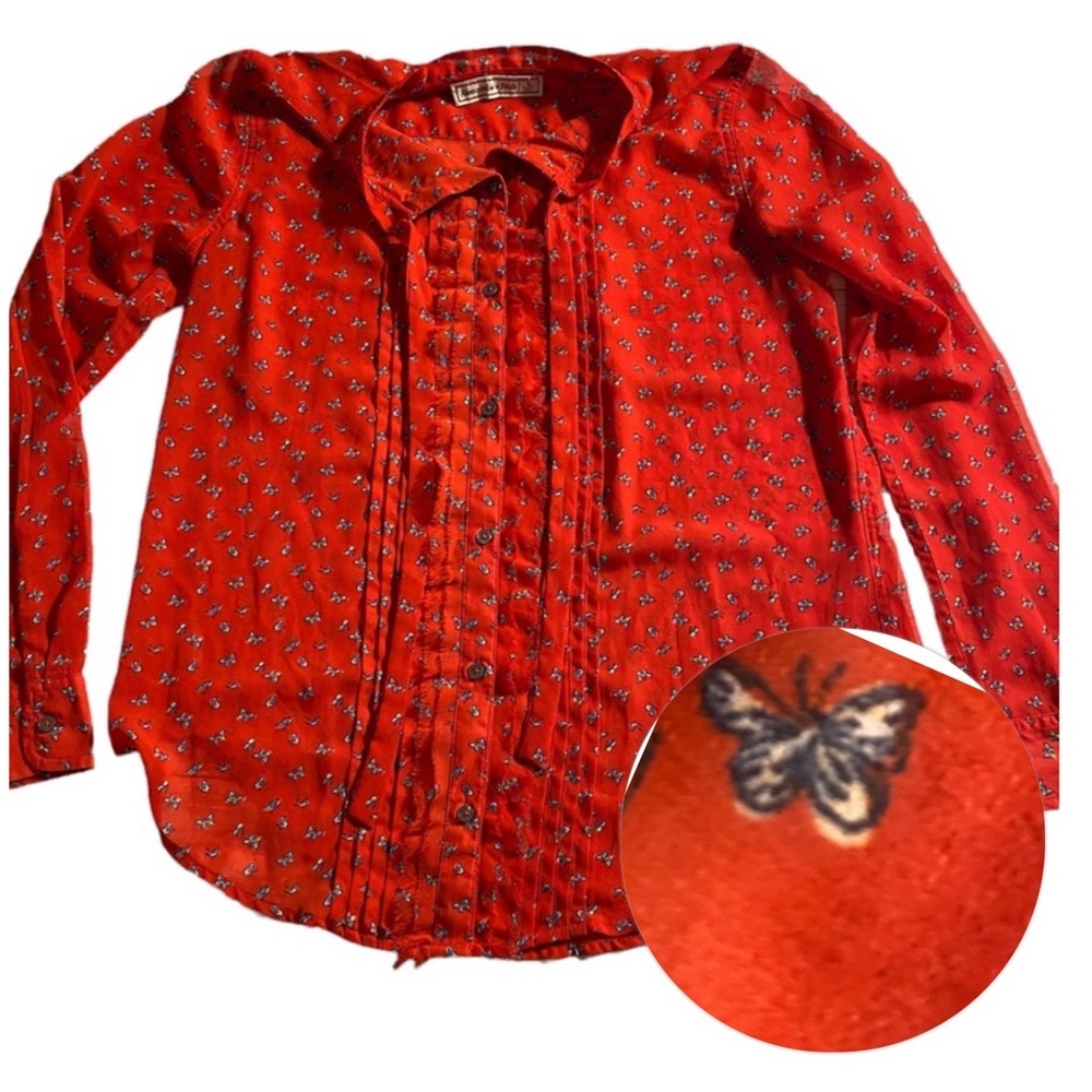 Abercrombie & Fitch Sheer Butterfly Print Blouse Red Sz Small